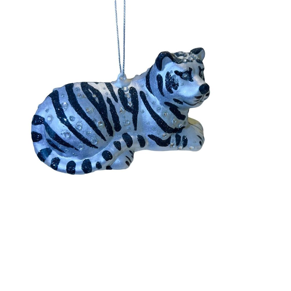 Black Gray‎ Striped Clear Rhinestones Glass Bear Ornament Christmas 5” x 2.5”